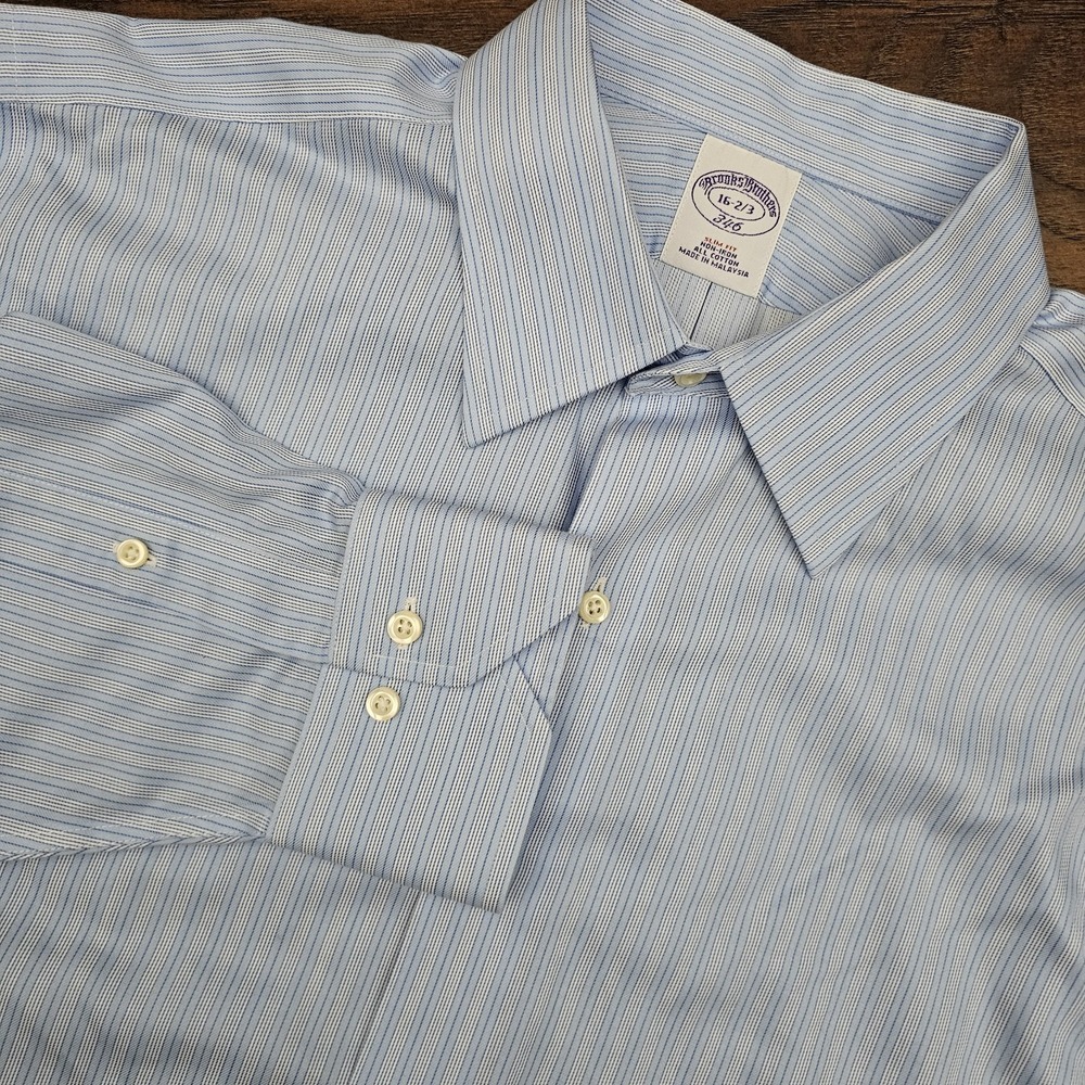Brooks Brothers Mens 16-2/3 Blue Striped Slim Fit Non-Iron All Cotton‎ Button Up